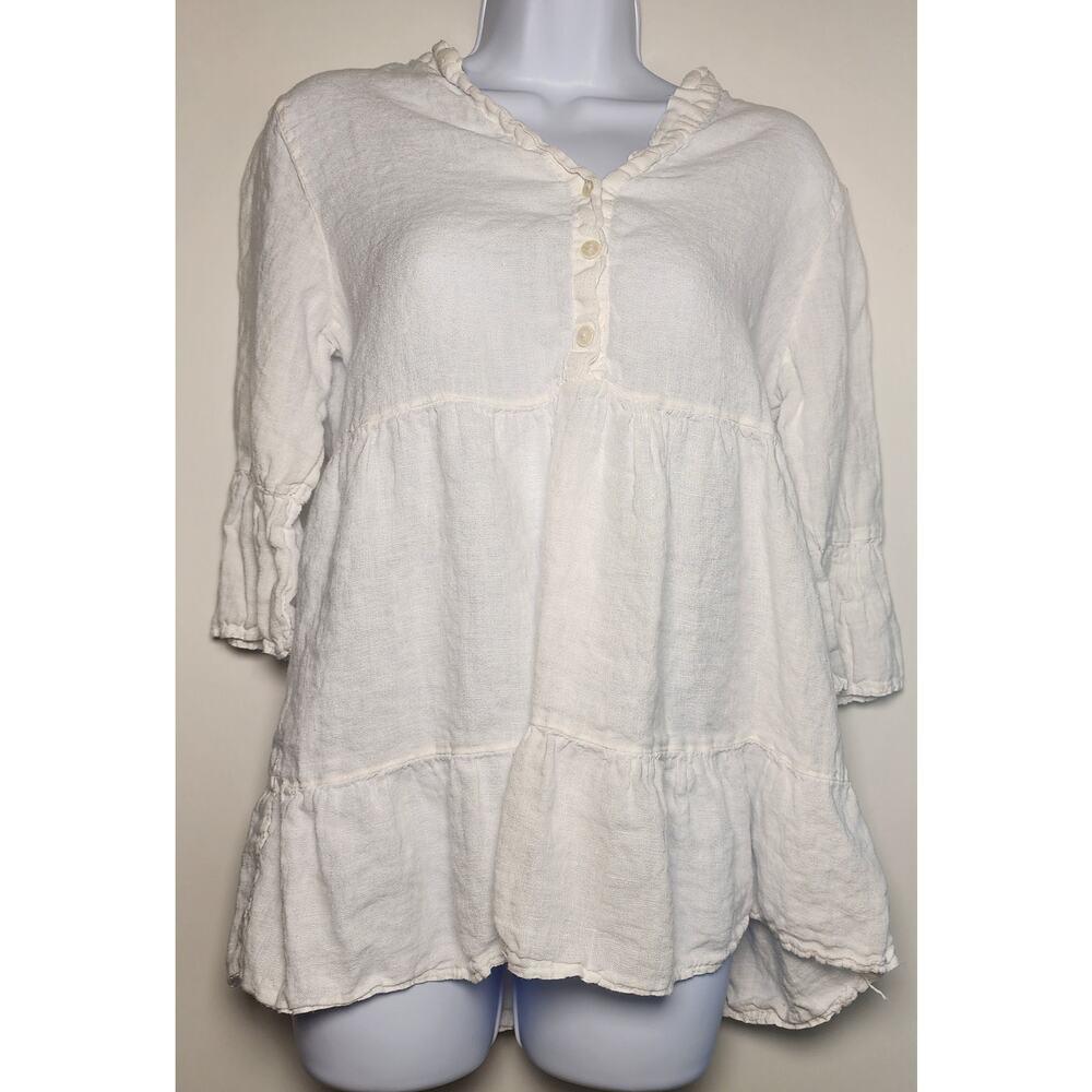 Valentina Naldi White Linen Tiered Peplum Blouse Italy M‎ Boho Top